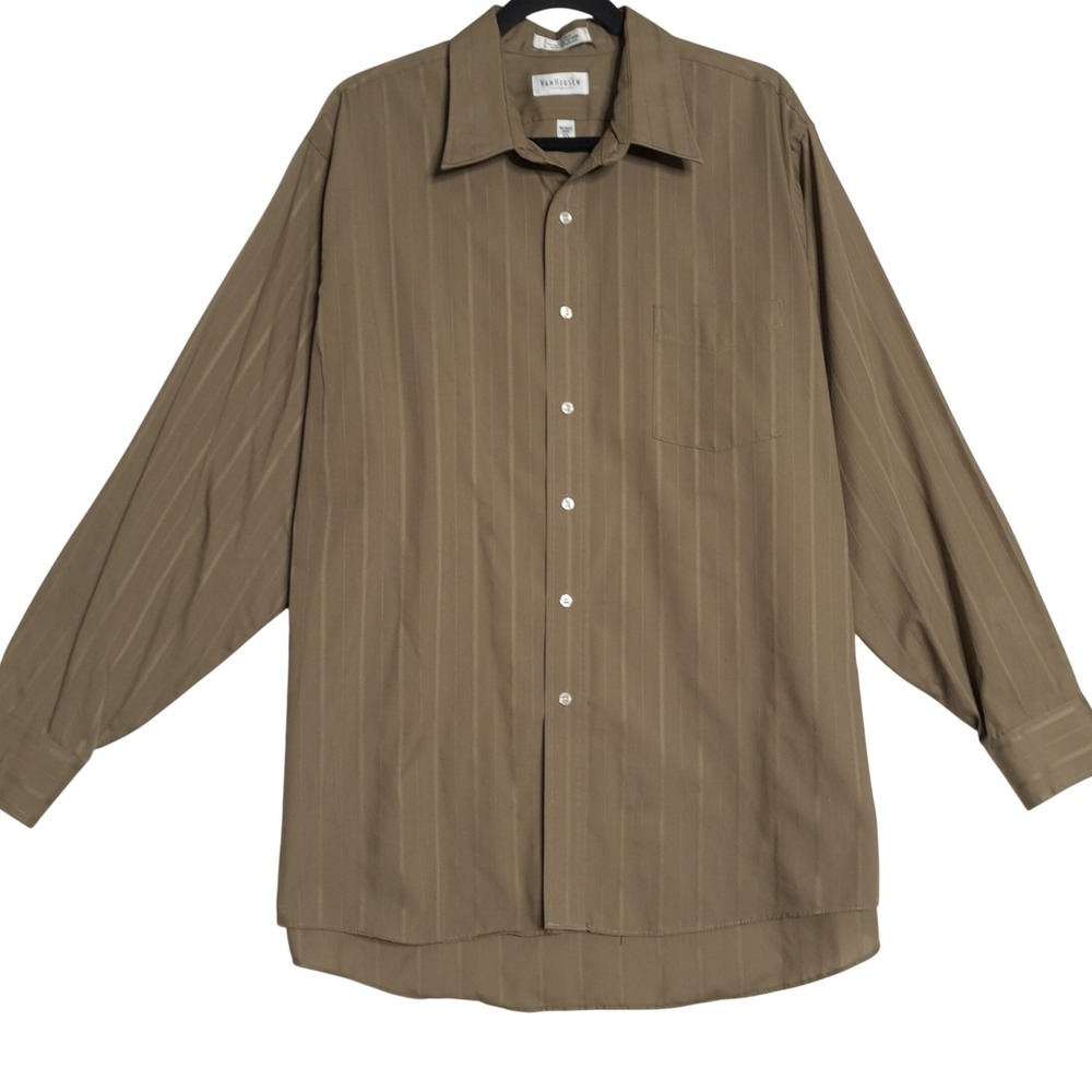 Van Heusen Dress Shirt Mens 17 34/35 Tan Stripe Wrinkle Free Button Down‎ Office